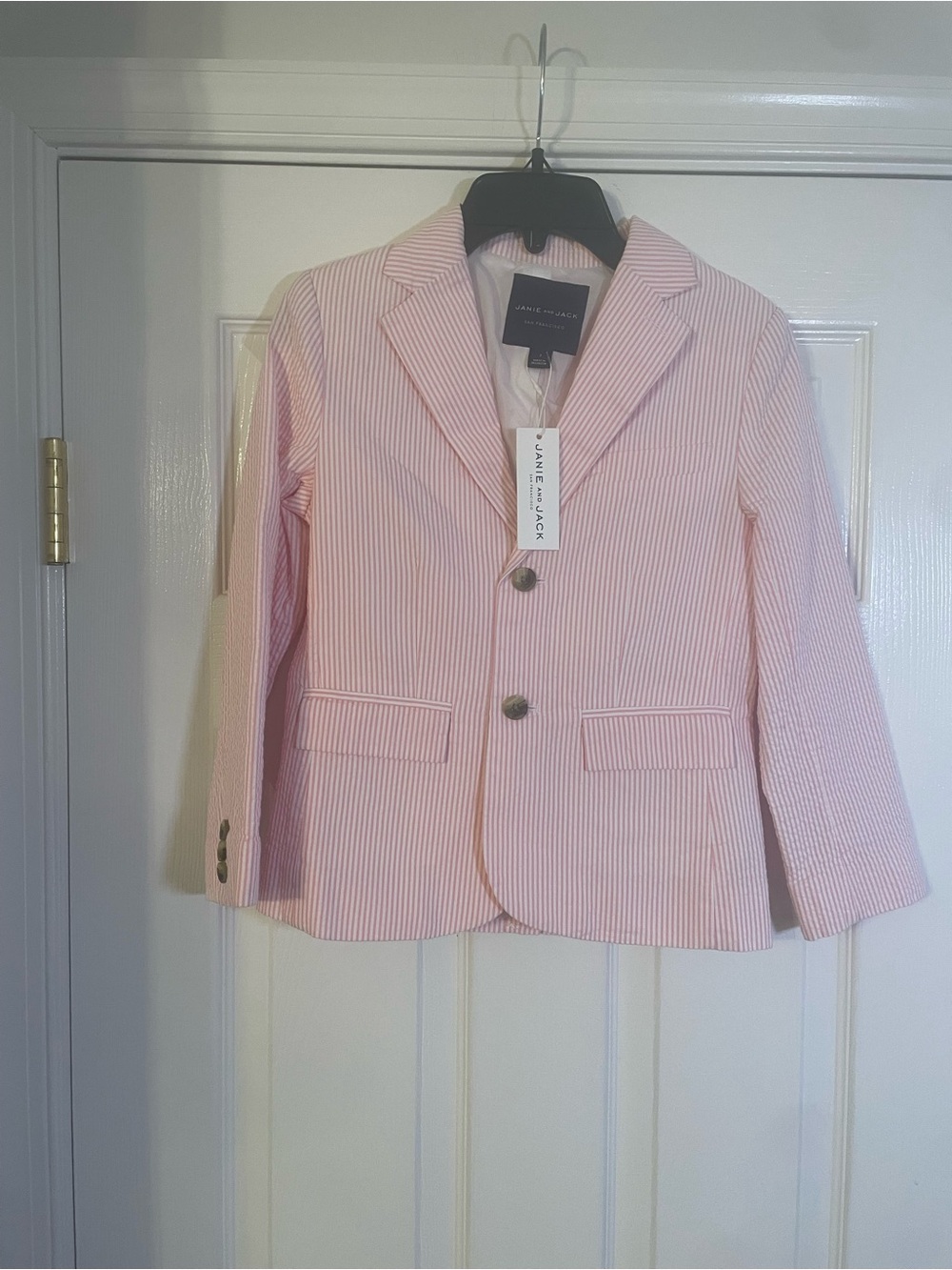 NWT Janie and Jack Pink Striped Seersucker Blazer Boys Size 7 Two Button Lined